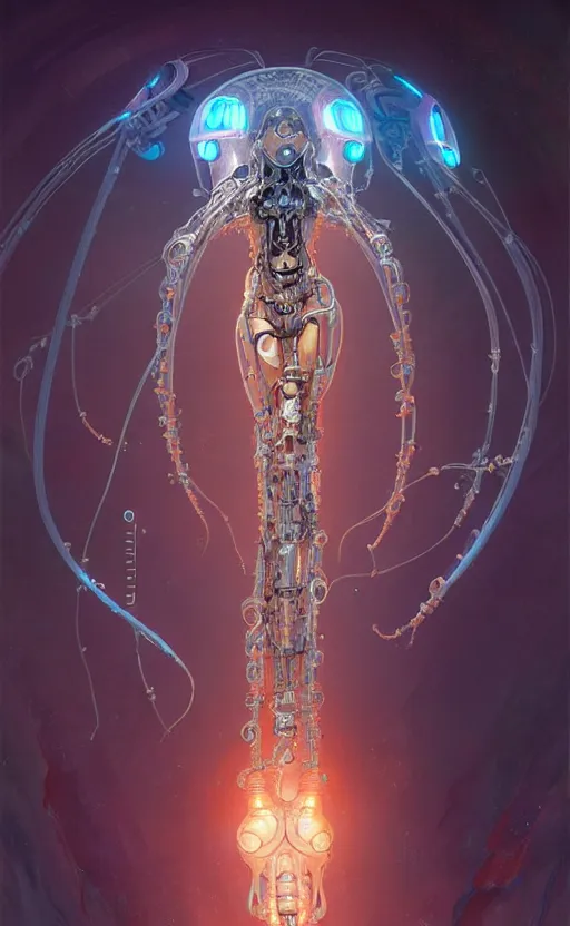 Image similar to Cyborg biomechanical jellyfish female deity, sci-fi, highly detailed, digital painting, artstation, concept art, smooth, sharp focus, illustration, art by artgerm and greg rutkowski and alphonse mucha