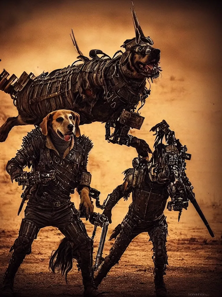 Image similar to a good ol'hound dog fursona ( from the furry fandom ), heavily armed and armored facing down armageddon in a dark and gritty version from the makers of mad max : fury road. witness me.