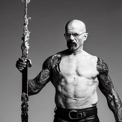 Prompt: award winnikn g photograph of walter white wielding an overly large exctremely ornate greatsword