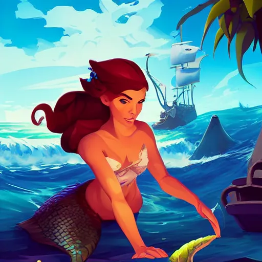 Image similar to painting mermaid treasure on sea of thieves game avatar hero smooth face median photoshop filter cutout vector, behance hd by jesper ejsing, by rhads, makoto shinkai and lois van baarle, ilya kuvshinov, rossdraws global illumination