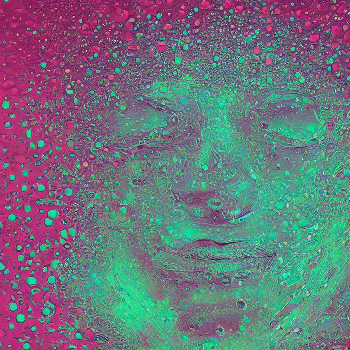 Prompt: illustration of a melting human head of acrylic bubbles and flowers, ferrofluids, water distortions. intricate abstract. intricate artwork. colortheme by beeple, muted colors