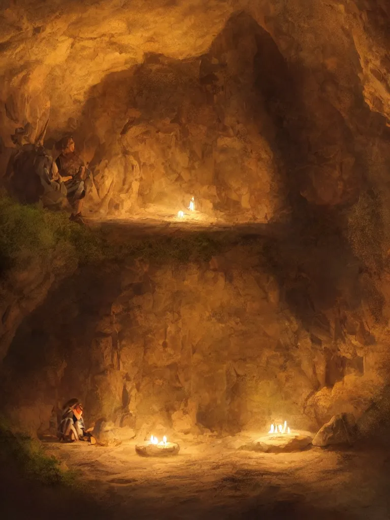 Image similar to sitting in a cave with candlelight by disney concept artists, blunt borders, rule of thirds, golden ratio, godly light