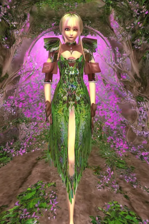 Image similar to cute female forest spirit wearing floral cybernetic hungarian valentino resort mystical angelic dress in a 3 d psx ps 2 jrpg style, overgrown esoteric cyber cathedral sanctuary, fashion gameplay screenshot, highly detailed, morning pink gold light