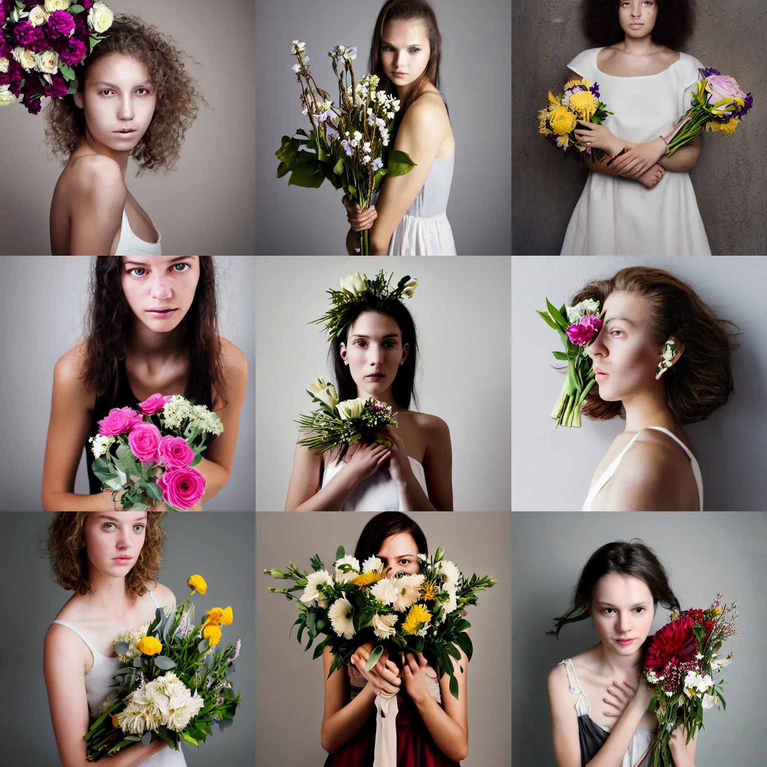 Prompt: Photo of a young white woman with uneven skintone and piercing eyes holding a bouquet of flowers, facial asymmetry, medium full shot from above, fine-art photography, natural lighting, wide aperture, Nikon D850 28-300mm, by Eric Lafforgue