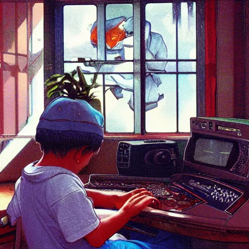 Image similar to a boy playing video games on a 1990s computer in the 1990s retro by Stanley Artgerm Lau, greg rutkowski, thomas kindkade, alphonse mucha, loish, norman Rockwel