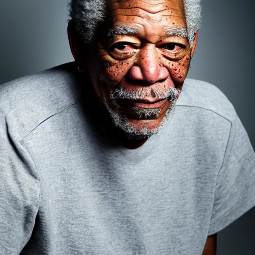 Prompt: a studio photograph of Morgan Freeman dressed as Travis Scott, 40mm lens, shallow depth of field, split lighting