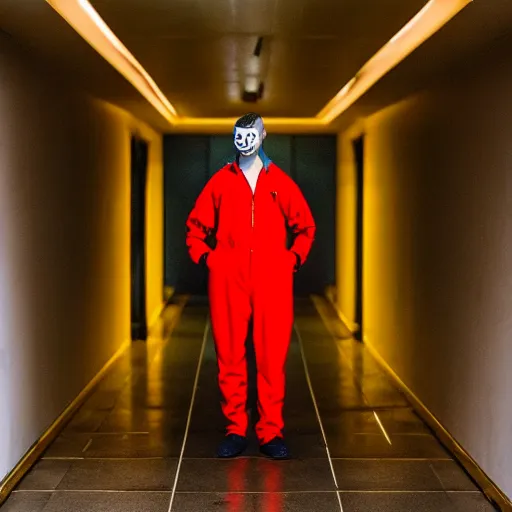 Prompt: man with deformed face in jumpsuit, standing in a dimly lit hallway with a wrench