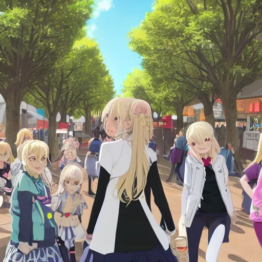 Image similar to blonde - haired princess, anime princess, wearing black jacket and white leggings, looking through crowd, town street, festival street, trees, green trees, blue lighting, blue sunshine, strong lighting, strong shadows, vivid hues, ultra - realistic, sharp details, subsurface scattering, intricate details, hd anime, 2 0 1 9 anime