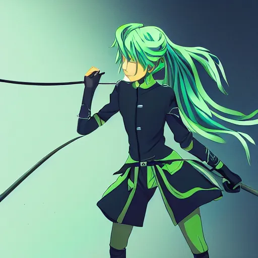 Image similar to anime fencer, green hair, cinematic lighting, animation, illustration