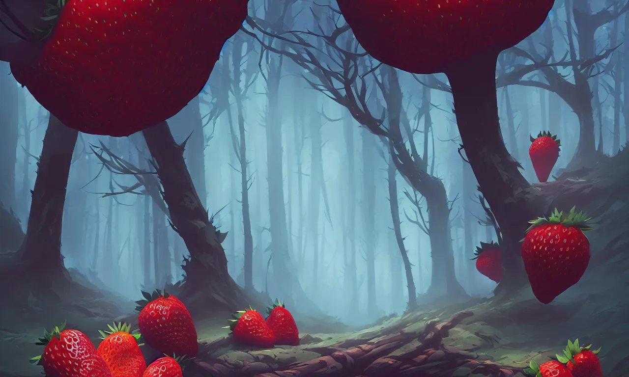 Image similar to Dark forest large strawberries, vector art, behance hd by Jesper Ejsing, by RHADS, Makoto Shinkai and Lois van baarle, ilya kuvshinov, rossdraws global illumination