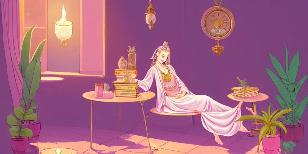 Image similar to a pastel illustration of a woman wizard, ornate clothing, lounging on a purpur pillow on the marbled checkered floor in her study room reading an ancient tome. to the side is a potted plant, moody candlelit raytracing. ancient oriental scifi fantasy setting. 4 k key art. by mark tedin