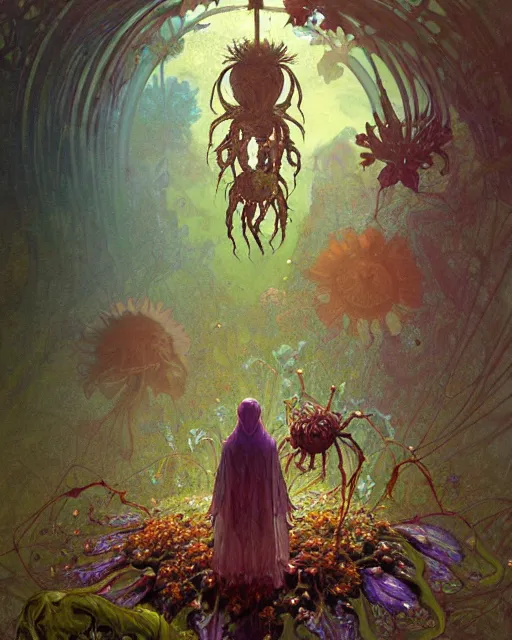 Prompt: the platonic ideal of flowers, rotting, insects and praying of cletus kasady carnage davinci dementor chtulu mandelbulb mandala ponyo botw dinotopia the witcher, fantasy, ego death, decay, dmt, psilocybin, concept art by greg rutkowski and simon stalenhag and alphonse mucha