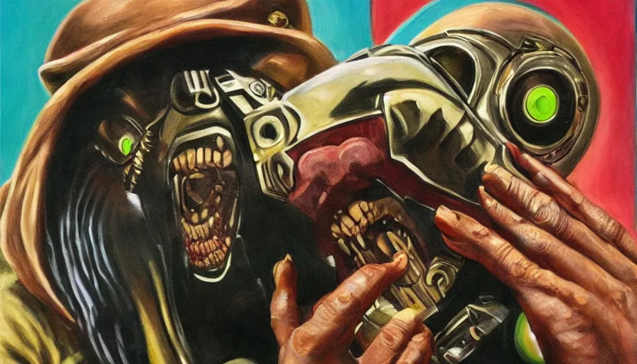 Image similar to beautiful lifelike painting of mf doom armed to the teeth with herring, hyperreal detailed facial features and uv lighting, art by ed roth and basil wolverton