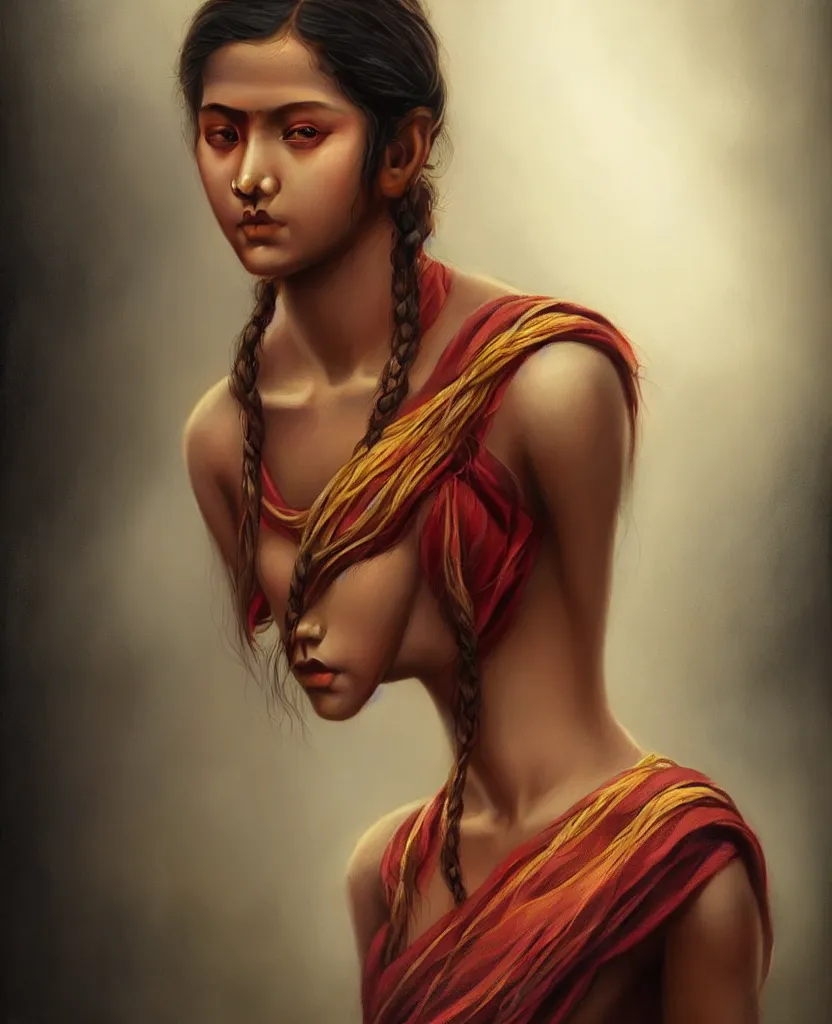 Prompt: beautiful young assamese bihu girl full body painting by artgerm and tom bagshaw ; trending on artstation ; award winning, cinematic natural dramatic lighting, studio photography by annie leibovitz