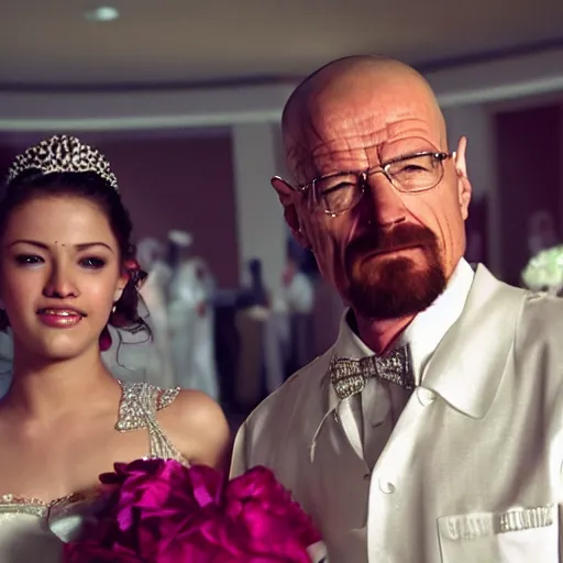 Image similar to Walter White at his quinceanera, cinematic shot, film still, wide shot