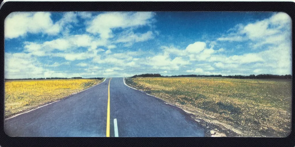 Prompt: analog polaroid of rainbow road in a dark blue sky