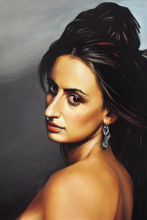 Image similar to oil painting, portrait of penelope cruz, artwork by caravaggio