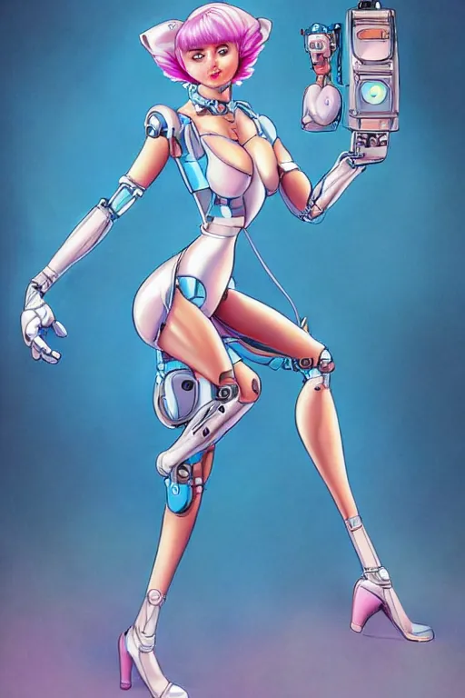 Prompt: a robotic 8 0 s cat - girl, female, in the style of don bluth, j. scott campbell, hajime sorayama full color digital painting, leotard and leg warmers, many small details, artstation trending, artgerm, deviantart featured