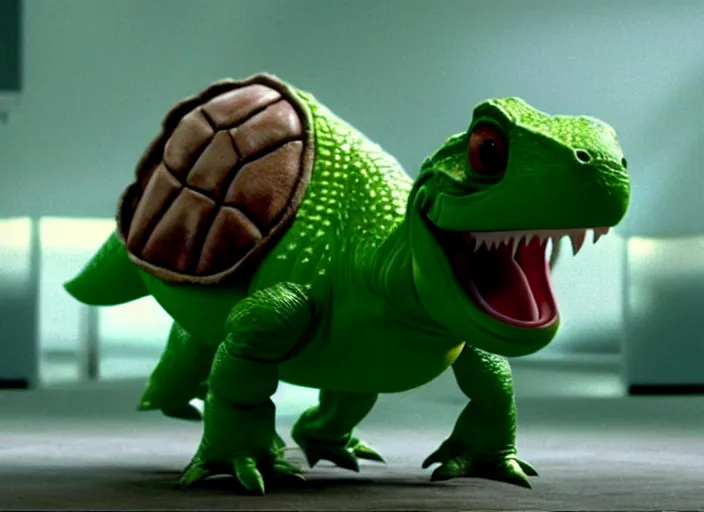 Image similar to film still of yoshi in the new sci - fi movie, cute upright dinosaur standing on its hind legs with a small turtle shell and long tongue, 8 k