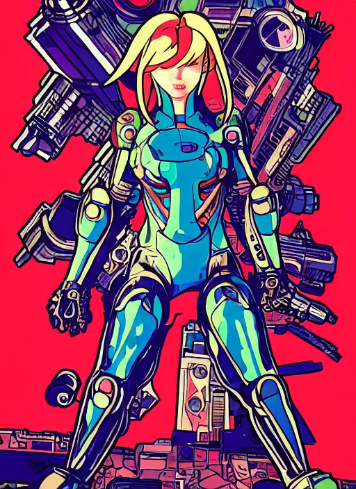 Image similar to cyberpunk samus!! cyborg portrait illustration, pop art, splash painting, art by geof darrow, ashley wood, alphonse mucha, makoto shinkai