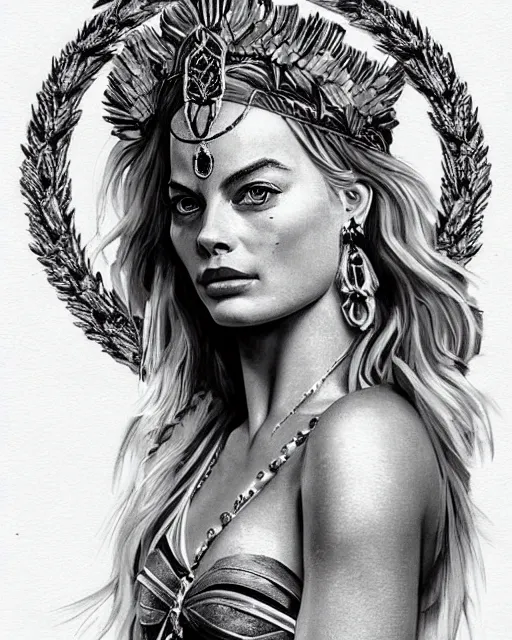 Prompt: realism tattoo sketch of margot robbie as a beautiful greek goddess aphrodite with piercing eyes wearing a laurel wreath and triangle earrings, in the style of greg rutkowski, amazing detail, confident