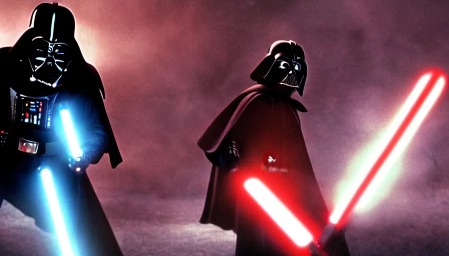 Image similar to cinematic shot of darth vader fighting harley quinn with a lightsaber, movie sequence from the original star wars