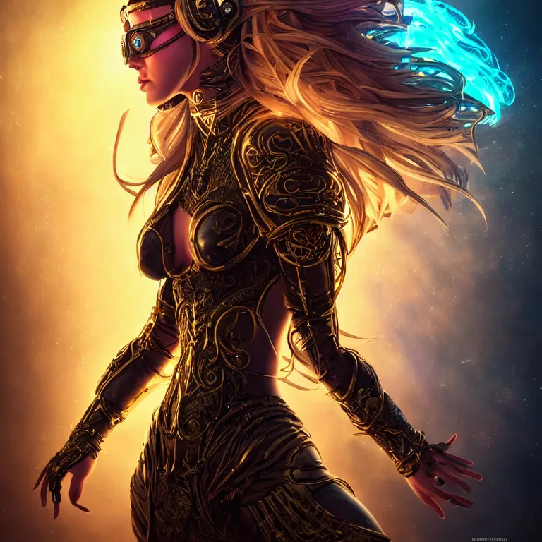 Prompt: beautiful cinematic fantasy poster, a beautiful cyberpunk goddess wearing ornate gold sci-fi goggles, flowing illuminated hair, beautiful glowing galaxy eyes, wideshot ultrawide angle epic scale, hybrid from The Elden Ring and art direction by Darius Zawadzki ;by artgerm; wayne reynolds art station; cinematic quality character render; low angle; ultra high quality model; production quality cinema model;