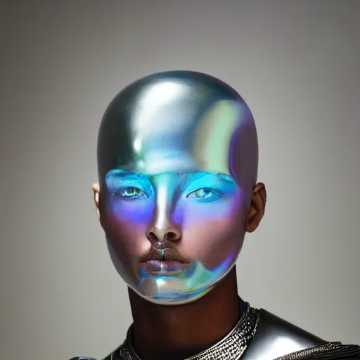 Image similar to a portrait of a beautiful young morrocan male wearing an alexander mcqueen armor made of iridiscent translucent plastic , photographed by andrew thomas huang, artistic