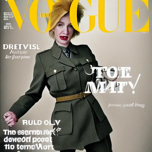 Image similar to Donald Trumpy as a soldier on the cover of the Vogue magazine