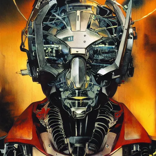 Image similar to the fullmetal neon robot sirius has a kernel without memory nor feelings, although he believes he is a god, oil on canvas by dave mckean and yoji shinkawa