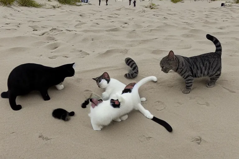 Prompt: A cat's bussiness meeting on the beach