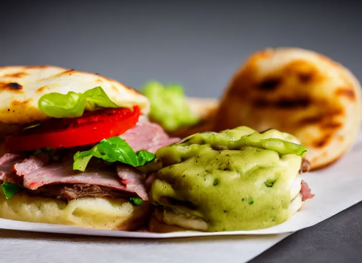 Image similar to dslr food photograph an arepa filled with sliced meat 8 5 mm f 1. 8