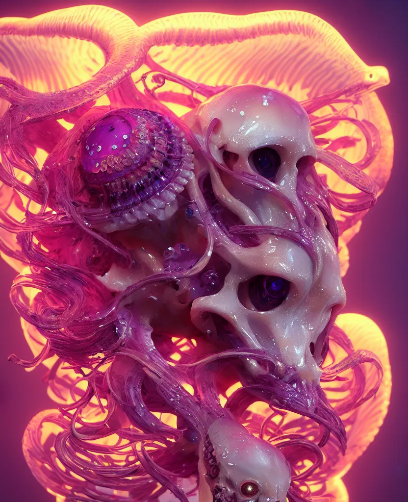 Image similar to goddess close-up portrait ram skull. jellyfish phoenix head, nautilus, orchid, skull, betta fish, bioluminiscent creatures, intricate artwork by Tooth Wu and wlop and beeple. octane render, trending on artstation, greg rutkowski very coherent symmetrical artwork. cinematic, hyper realism, high detail, octane render, 8k