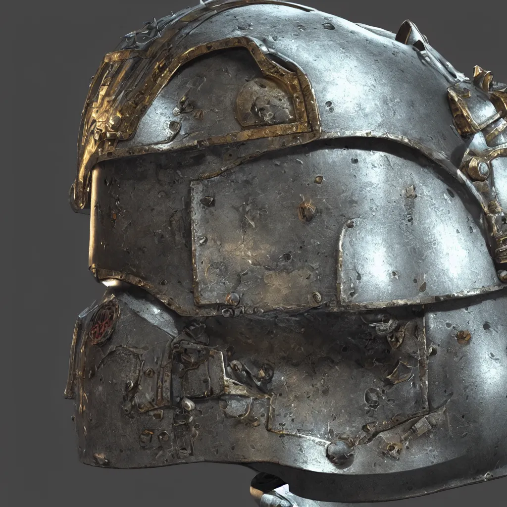 Image similar to medieval space marine helmet, unreal engine, 8 k, ultra realistic, ultra detail