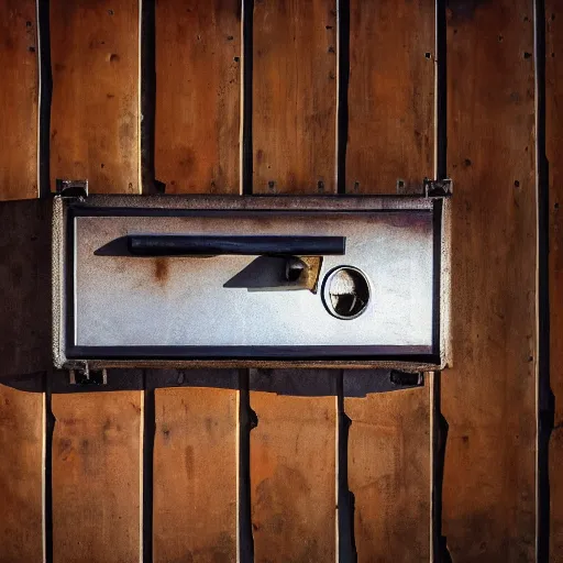 Prompt: A still life of a safe on the wooden ground, wood panels, metalic, (((rusty)))