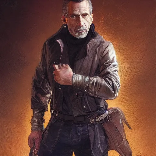 Image similar to portrait of a grizzled treasure hunter man in his 5 0 s with dark hair and sharp cheekbones, dressed in expensive clothes, detailed face, smooth, sharp focus, graphic novel, art by artgerm and greg rutkowski and pepe larraz,