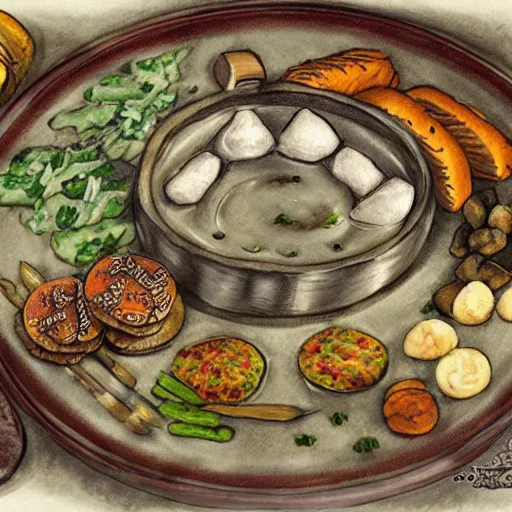 Prompt: a plate of unusual elven cuisine, rpg item, fantasy concept art