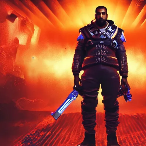 Image similar to Portrait of Kanye West as willy wonka in gears of war, splash art, movie still, cinematic lighting, dramatic, octane render, long lens, shallow depth of field, bokeh, anamorphic lens flare, 8k, hyper detailed, 35mm film grain