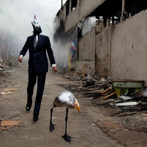 Image similar to photo of a man in a suit wearing a latex mask of a shoebill stork, at a favela, walking away from explosion, dramatic lighting