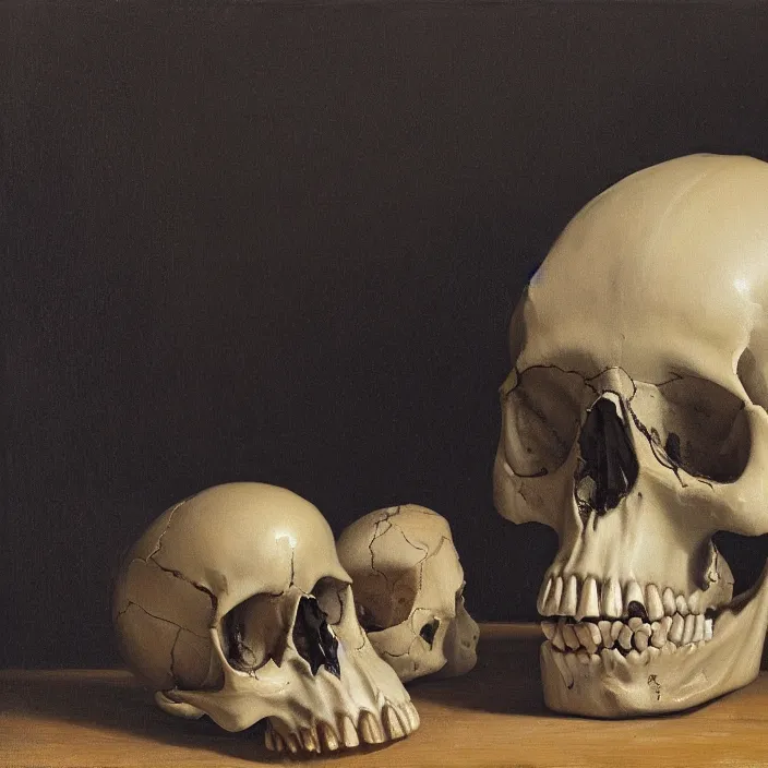 Image similar to still life painting of a skull with neon glowing crystal eyes, by pieter claesz, oil on canvas, strong lighting, highly detailed, hyper realism, golden hour, god rays, hd, 4 k