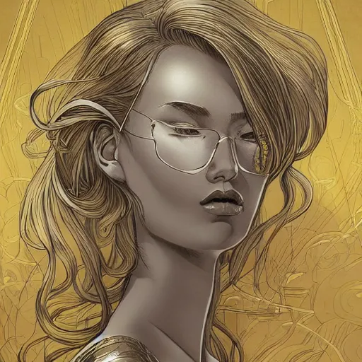 Image similar to gold and silver tones, mech princess, style of moebius, james jean, mcbess, long glowing ethereal hair, cinematic, highly detailed, award winning
