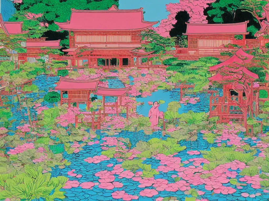 Image similar to image of a traditional japanese house with a garden, a pond in the garden, pink children are sitting around it, a combination of pop art and traditional japanese painting styles, the style of andy warhol, roy lichtenstein and jackie tsai, bright palette, acrylic on canvas