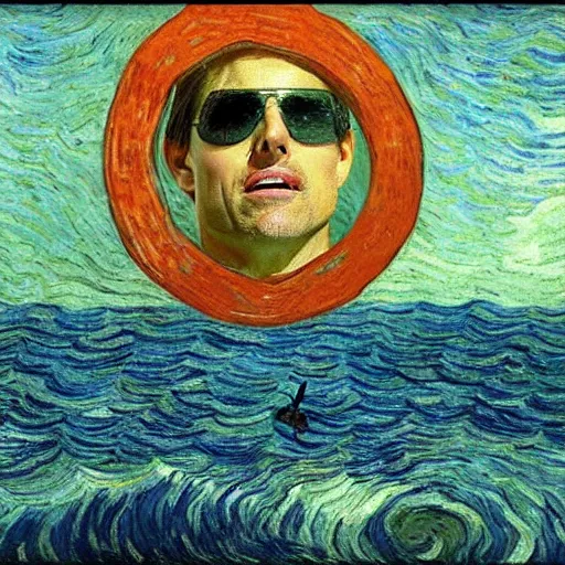 Image similar to Tom Cruise head over water at sea by Van Gogh