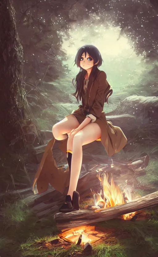 Image similar to An anime girl by WLOP with short black hair and green eyes in a tan trenchcoat sitting on a log and drinking tea by the campfire by her motorcycle at night under the stars, evocative, mystical night, very very very very detailed, award winning, masterpiece digital painting by Greg Rutkowski, Alex Grey, artstation, 4k wallpaper