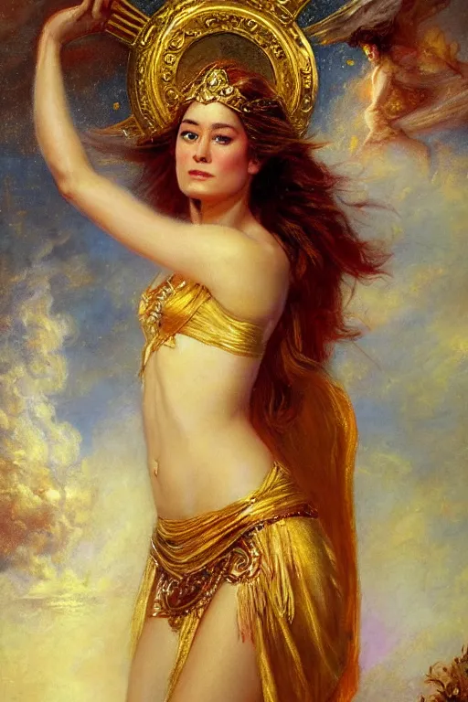 Prompt: portrait of brie larson as a greek goddess. art by gaston bussiere.