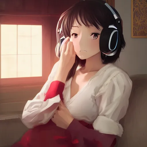 Prompt: anime portrait of beautiful girl sits on the sofa and listens to music, the sun shines through the window, white hair, watery red eyes, clear face, beautiful body, dream light, focus on the face, highly detailed, 8 k, artstation, concept art, master pieces, in style of kyoto animation, by cushart krenz
