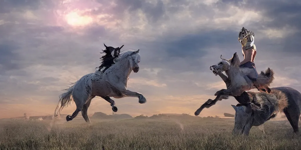 Image similar to cyborg cat rides a horse into the sunset, punished, war, hyperrealistic, sharp focus, award winning photo