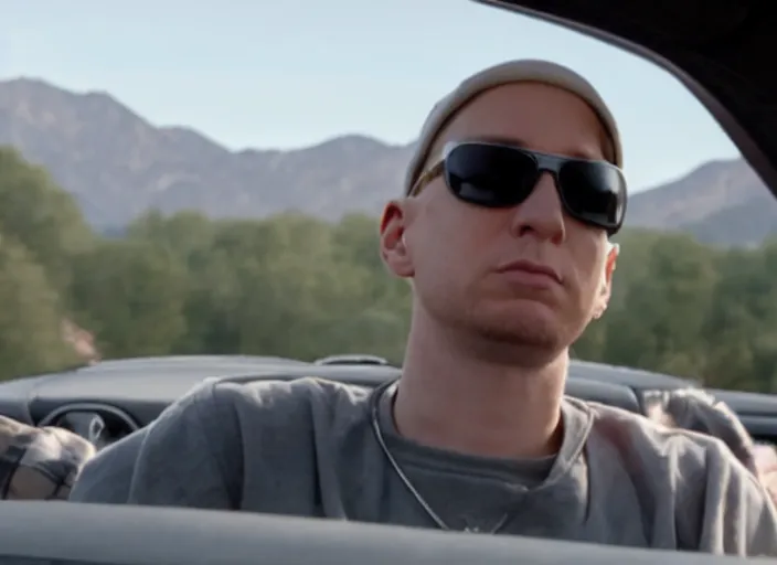 Image similar to a very high resolution image from a new movie, eminem driving a car. inside of a car. alone. mountains, directed by wes anderson