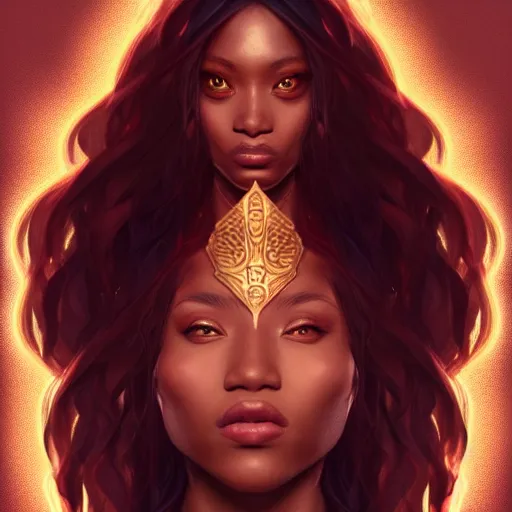 Prompt: female spirit warrior, zoom, rule of thirds, atmosphere, intricate, regal, brown skin, symmetrical!!, loreal, maybelline, sephora, loreal, artstation, art by artgerm, ( ( cinematic ) ), concept art, filmic, vsco