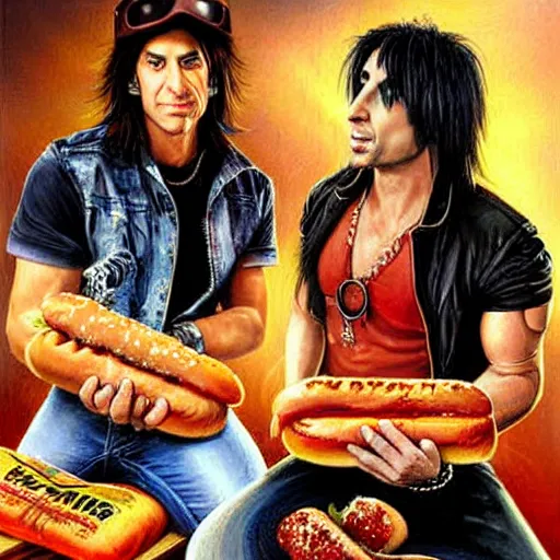 Image similar to portrait of brett michaels and criss angel sharing hotdogs, an oil painting by ross tran and thomas kincade